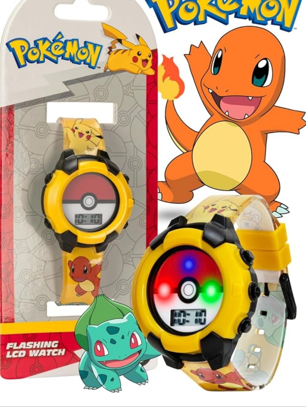 Kids Flashing LCD Watch - Yellow Charmander & Pikachu Design